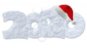 2020 Happy New Year sign text written with numbers made of snow and fluffy Santa Claus red hat, winter snow symbols 3d illustration isolated on white