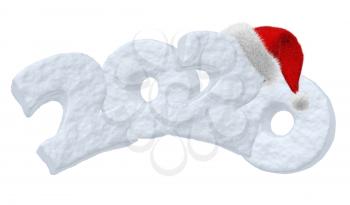 Happy New Year 2020 sign text written with numbers made of snow with Santa Claus fluffy red hat, winter snow symbols 3d illustration isolated on white