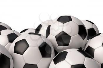Heap of realistic soccer balls with black and white elements isolated on white background closeup view. Football sport game balls 3D illustration