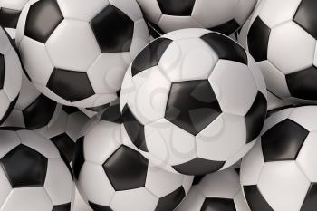 Realistic soccer balls with black and white elements closeup view background. Football sport game balls 3D illustration