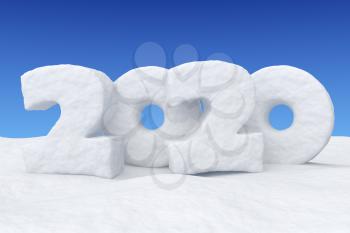 Happy New Year 2020 sign text written with numbers made of snow on snowy field under clear blue night sky, snowy winter 3d illustration landscape