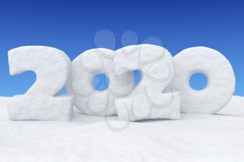 Happy New Year 2020 sign text written with numbers made of snow on snowy field under blue night sky, snowy winter 3d illustration landscape