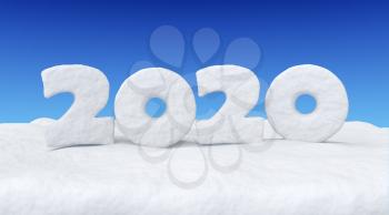 2020 Happy New Year sign text written with numbers made of snow on snowy field under clear blue night sky, snowy winter 3d illustration landscape