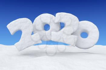 2020 Happy New Year sign text written with numbers made of snow over snowy field under clear blue night sky, snowy winter 3d illustration landscape