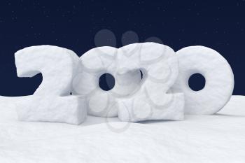 Happy New Year 2020 sign text written with numbers made of snow on snowy field under cold north clear night sky with bright stars, winter snow 3d illustration landscape