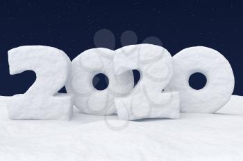 2020 Happy New Year sign text written with numbers made of snow on snowy field at night under cold north clear night sky with bright stars, winter snow 3d illustration landscape