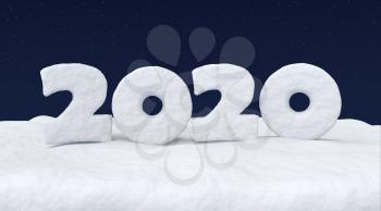 Happy New Year 2020 sign text written with numbers made of snow on snowy field at night under cold north clear night sky with bright stars, winter snow 3d illustration landscape