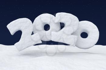 2020 Happy New Year sign text written with numbers made of snow over snowy field at night under cold north clear night sky with bright stars, winter snow 3d illustration landscape