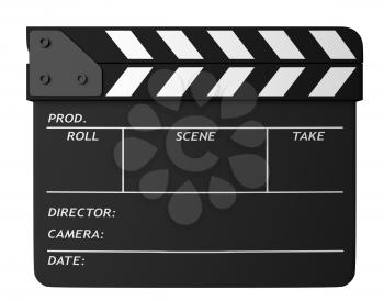 Closed movie black clapper board isolated on white background. Movie, cinema, film making industry equipment. 3D Illustration.