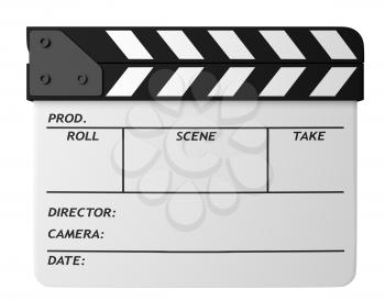 Closed white movie clapper board isolated on white background. Movie, cinema, film making industry equipment. 3D Illustration.