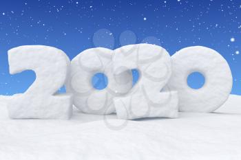 2020 Happy New Year sign text written with numbers made of snow on snow surface in snowy field under blue sky and snowfall, snowy winter 3d illustration landscape