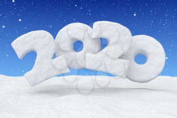 2020 Happy New Year sign text written with numbers made of snow over snow surface in snowy field under blue sky and snowfall, winter snow landscape, 3d illustration