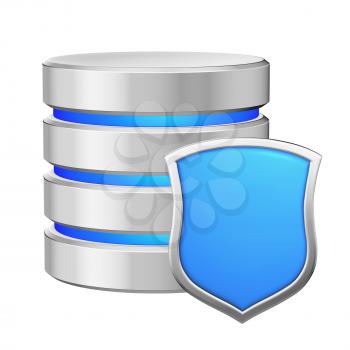 Database with metal blue shield protected from unauthorized access, data protection concept, 3d illustration icon isolated on white background for Data Protection Day.