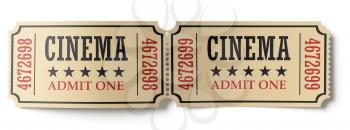 Two retro vintage cinema tickets made of yellow textured paper isolated on white background, closeup view, 3d illustration. Vintage retro cinema creative concept.