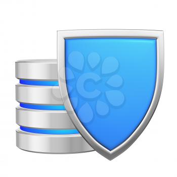 Database behind metal blue shield protected from unauthorized access, data protection concept, 3d illustration icon isolated on white background for Data Protection Day