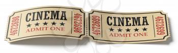 Retro vintage cinema tickets pair made of yellow textured paper isolated on white background, closeup view, 3d illustration. Vintage retro cinema creative concept.
