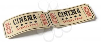 Two retro cinema tickets made of yellow textured paper isolated on white background, diagonal view, 3d illustration. Vintage retro cinema creative concept.