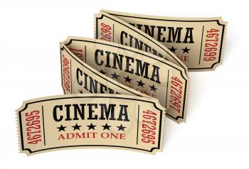 Five retro vintage cinema tickets made of yellow textured paper on white surface with shadows, closeup view, 3d illustration. Vintage retro cinema creative concept.