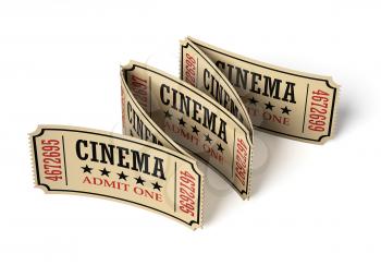 Five vintage retro cinema tickets made of textured yellow paper on white surface with shadows, closeup view, 3d illustration. Vintage retro cinema creative concept.