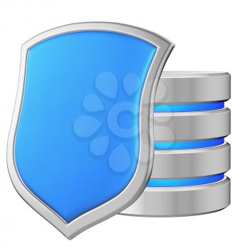 Database behind metal blue shield on left protected from unauthorized access, data protection concept, 3d illustration icon isolated on white background for Data Protection Day.
