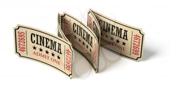 Five yellow vintage retro cinema tickets made of textured paper on white surface with shadows, closeup view, 3d illustration. Vintage retro cinema creative concept.