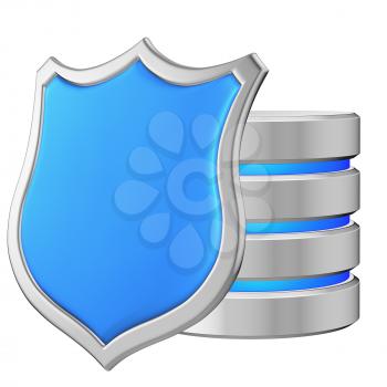 Data base behind metal blue shield on left protected from unauthorized access, data privacy concept, 3d illustration icon isolated on white background for Data Protection Day