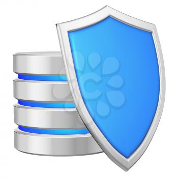 Database behind blue metal shield on right protected from unauthorized access, data protection concept, 3d illustration icon isolated on white background for Data Protection Day