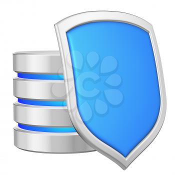 Database behind metal blue shield on right protected from unauthorized access, data privacy concept, 3d illustration icon isolated on white background for Data Protection Day