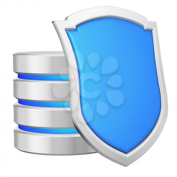 Database behind blue metal shield on right protected from unauthorized access, data privacy concept, 3d illustration icon isolated on white background for Data Protection Day