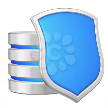 Database behind metal blue shield on right protected from unauthorized access, data protection concept, 3d illustration icon isolated on white background for Data Protection Day.