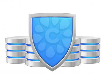 Databases group behind metal blue shield protected from unauthorized access, data protection concept, 3d illustration icon isolated on white background for Data Protection Day