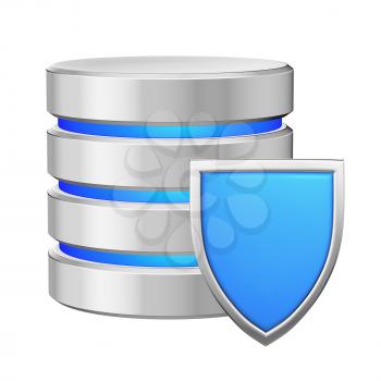 Database with metal blue shield protected from unauthorized access, data protection concept, 3d illustration icon isolated on white background for Data Protection Day