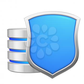 Database behind metal blue shield protected from unauthorized access, data protection concept, 3d illustration icon isolated on white background for Data Protection Day.