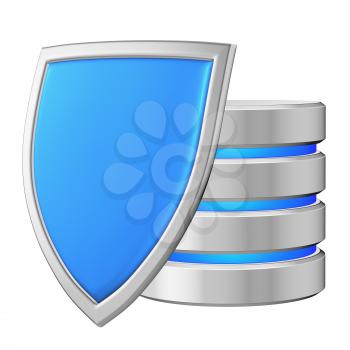 Database behind metal blue shield on left protected from unauthorized access, data protection concept, 3d illustration icon isolated on white background for Data Protection Day
