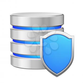 Data base with blue metal shield protected from unauthorized access, data protection concept, 3d illustration icon isolated on white background for Data Protection Day