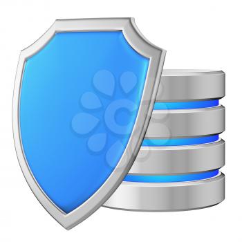 Data base behind metal blue shield on left protected from unauthorized access, data protection concept, 3d illustration icon isolated on white background for Data Protection Day