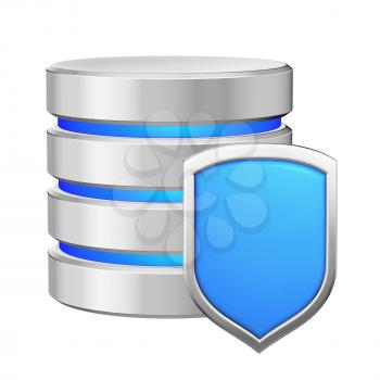 Database with metal blue shield protected from unauthorized access, data privacy concept, 3d illustration icon isolated on white background for Data Protection Day