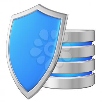 Database behind blue metal shield on left protected from unauthorized access, data protection concept, 3d illustration icon isolated on white background for Data Protection Day