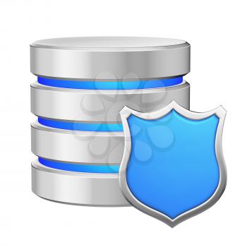 Data base with metal blue shield protected from unauthorized access, data privacy concept, 3d illustration icon isolated on white background for Data Protection Day