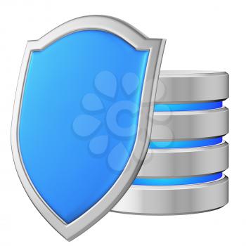 Data base behind blue metal shield on left protected from unauthorized access, data protection concept, 3d illustration icon isolated on white background for Data Protection Day