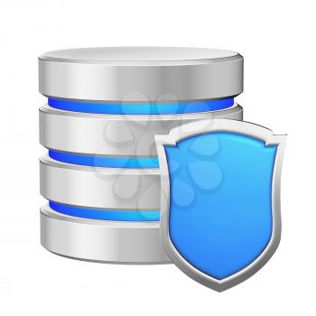 Database with blue metal shield protected from unauthorized access, data privacy concept, 3d illustration icon isolated on white background for Data Protection Day