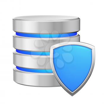 Data base with blue metal shield protected from unauthorized access, data privacy concept, 3d illustration icon isolated on white background for Data Protection Day