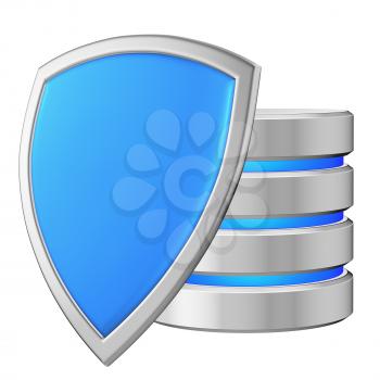 Data base behind blue metal shield on left protected from unauthorized access, data privacy concept, 3d illustration icon isolated on white background for Data Protection Day