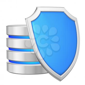 Data base behind metal blue shield on right protected from unauthorized access, data protection concept, 3d illustration icon isolated on white background for Data Protection Day