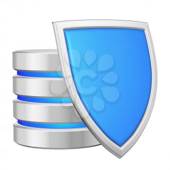 Database behind metal blue shield on right protected from unauthorized access, data protection concept, 3d illustration icon isolated on white background for Data Protection Day