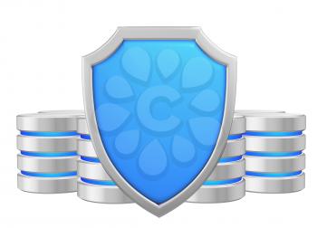 Data bases group behind metal blue shield protected from unauthorized access, data protection concept, 3d illustration icon isolated on white background for Data Protection Day