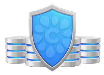 Databases group behind blue metal shield protected from unauthorized access, data protection concept, 3d illustration icon isolated on white background for Data Protection Day