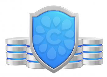 Data bases group behind blue metal shield protected from unauthorized access, data protection concept, 3d illustration icon isolated on white background for Data Protection Day