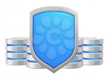 Databases group behind metal blue shield protected from unauthorized access, data privacy concept, 3d illustration icon isolated on white background for Data Protection Day