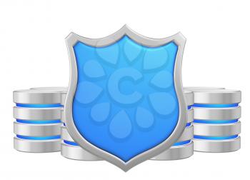 Data bases group behind metal blue shield protected from unauthorized access, data privacy concept, 3d illustration icon isolated on white background for Data Protection Day